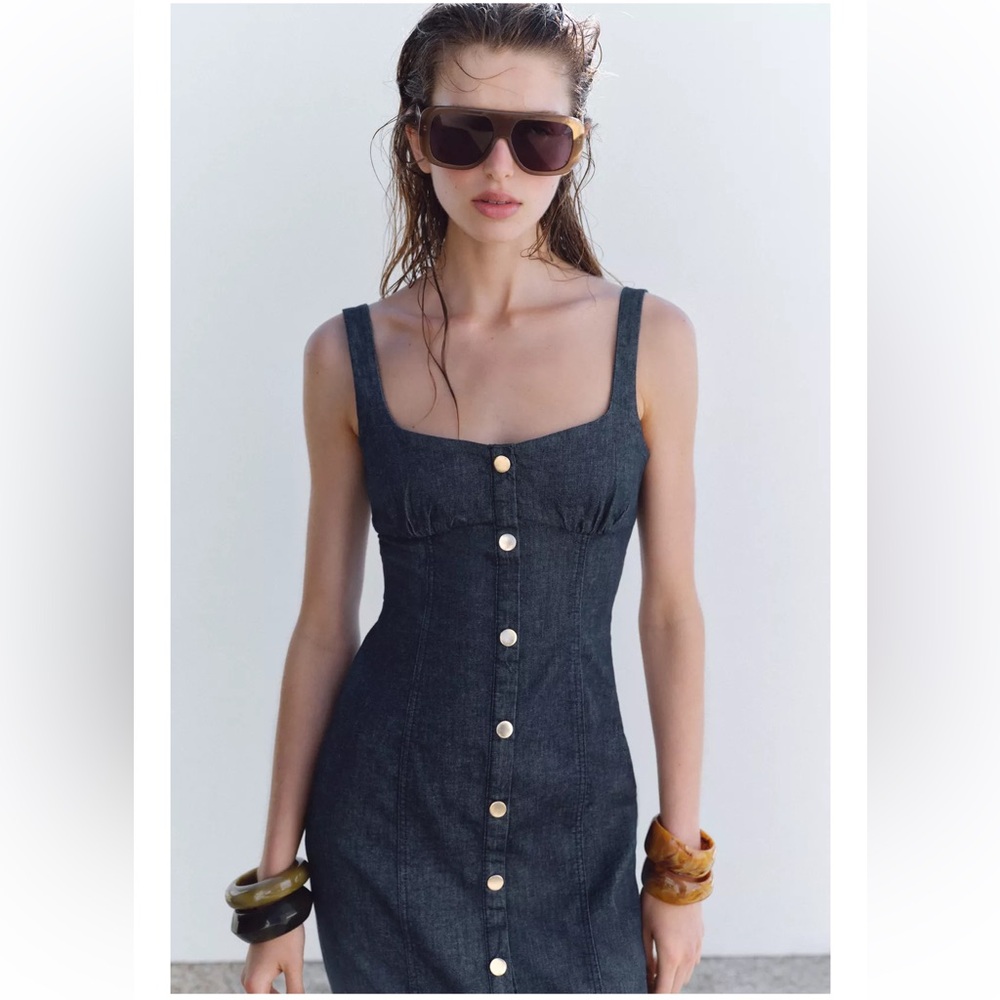 Zara Strappy Dark Blue Denim Midi Dress w. Button Front S
